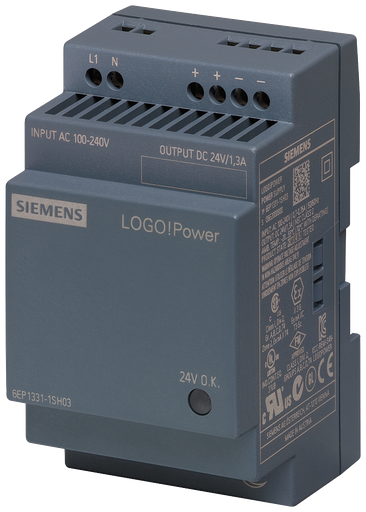 Product image for Siemens 6EP13311SH03 100 to 240 VAC Input 24 VDC 1.3 Amp Output Stabilized Power Supply