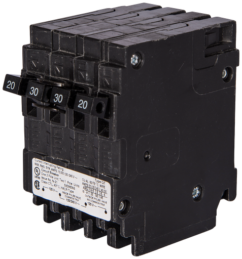 Product image for Siemens Q23030CT Triplex Circuit Breaker, Single-Pole 30A, 2-Pole 30A Common-Trip, 120/240V AC, Plug-In, 10kA