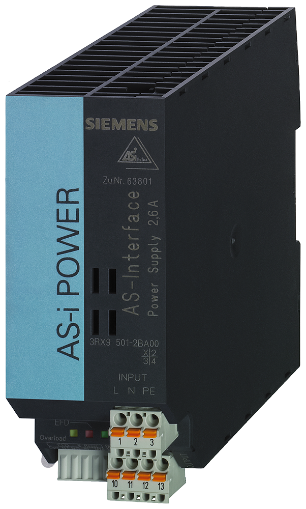 Product image for Siemens 3RX9501-2BA00 120/230 VAC 30 VDC 2.6 Amp Din Rail Mount Power Supply Unit