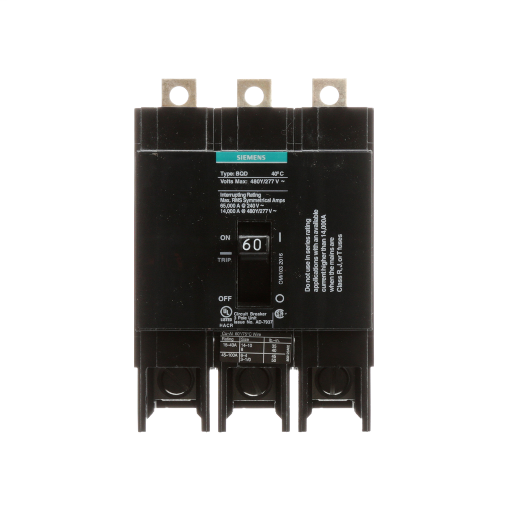 Product image for Siemens BQD360 3-Pole 60 Amp 480 VAC 14 kA Circuit Breaker