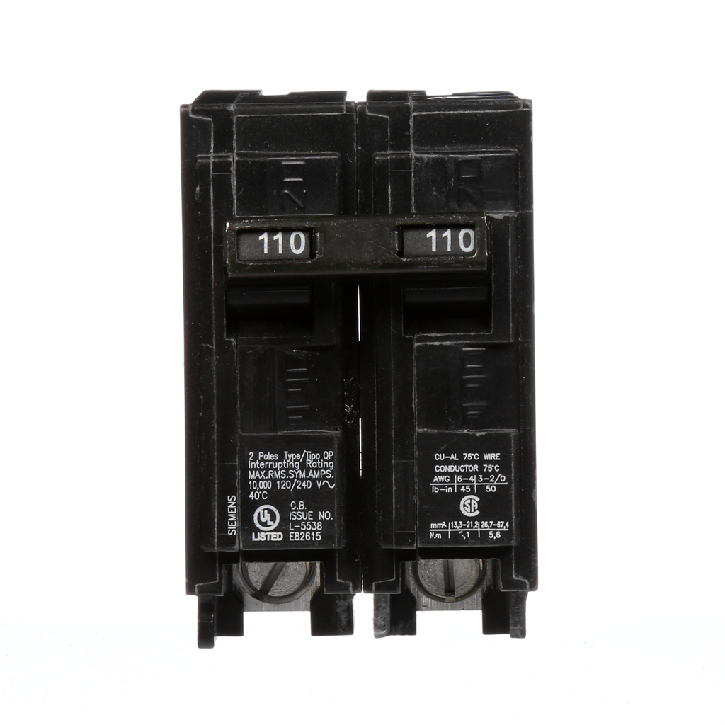 Siemens Industry Q2110 2-Pole 120/240 VAC 110 Amp 10 kA Plug-In Common Trip Circuit Breaker Siemens Industry Q2110 2-Pole 120/240 VAC 110 Amp 10 kA Plug-In Common Trip Circuit Breaker