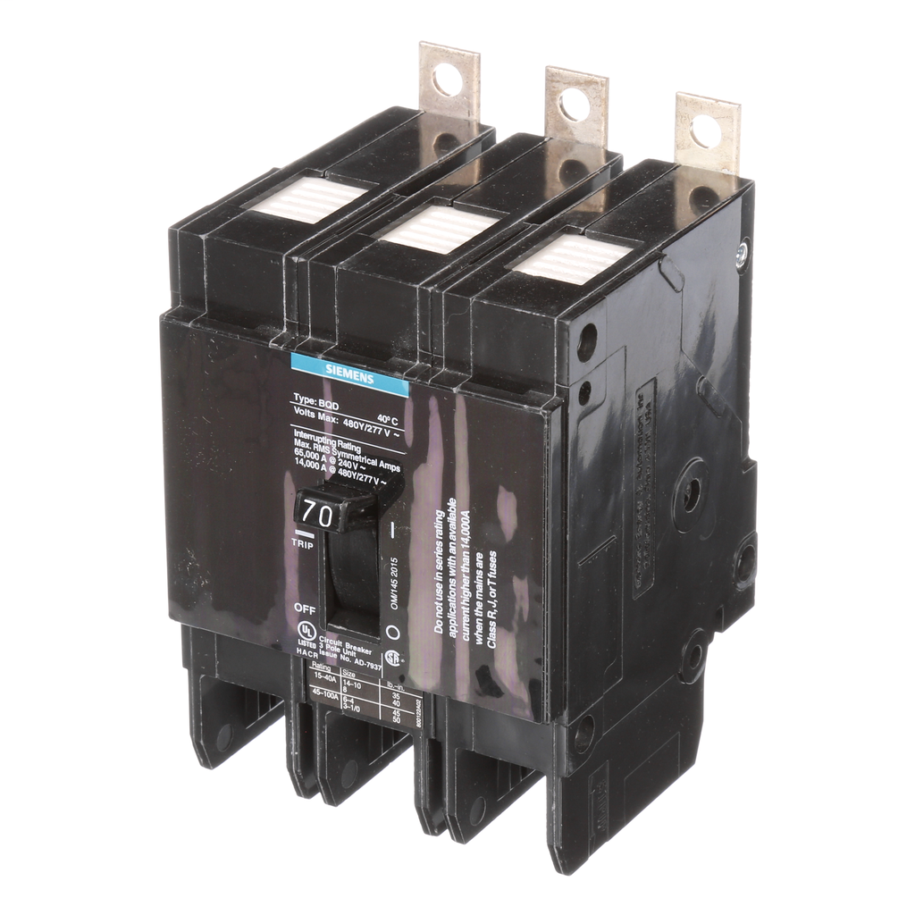 Siemens BQD370 3Pole 70 Amp 480 VAC 14 kA Molded Case Circuit Breaker