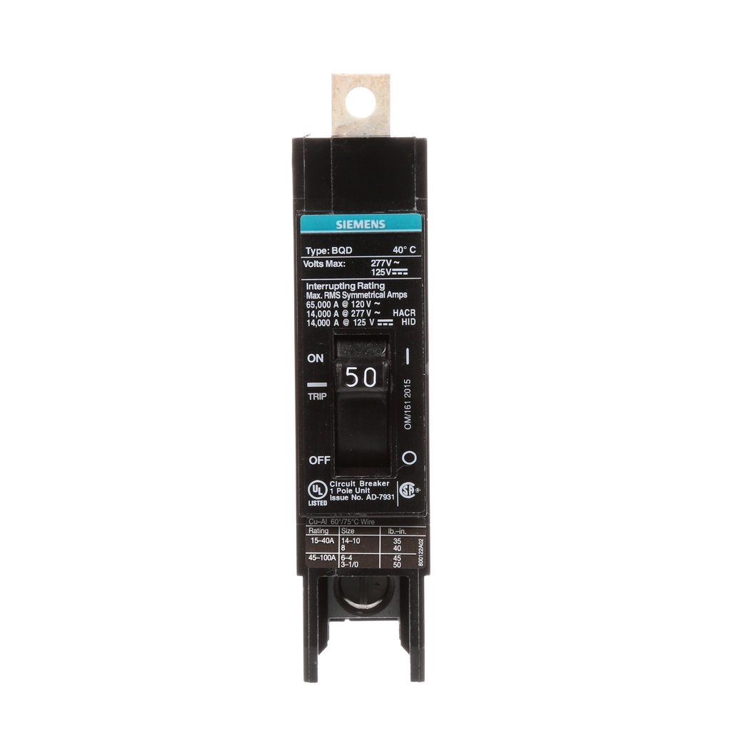 Siemens Industry BQD150 1-Pole 50 Amp 277 VAC 14 kA Circuit Breaker Siemens Industry BQD150 1-Pole 50 Amp 277 VAC 14 kA Circuit Breaker