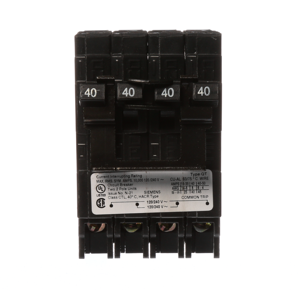 Siemens Industry Q24040CT2 2-Pole 40 Amp 120/240 VAC 10 kA Quadplex Circuit Breaker Siemens Industry Q24040CT2 2-Pole 40 Amp 120/240 VAC 10 kA Quadplex Circuit Breaker