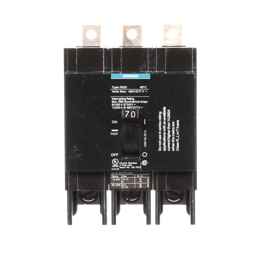Siemens Industry BQD370 3-Pole 70 Amp 480 VAC 14 kA Molded Case Circuit Breaker Siemens Industry BQD370 3-Pole 70 Amp 480 VAC 14 kA Molded Case Circuit Breaker