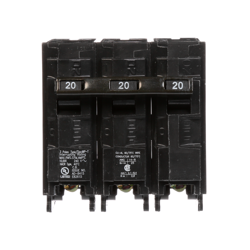 Siemens MP320 3-Pole 240 VAC 20 Amp 10 kA Plug-In Common Trip Circuit Breaker Siemens MP320 3-Pole 240 VAC 20 Amp 10 kA Plug-In Common Trip Circuit Breaker