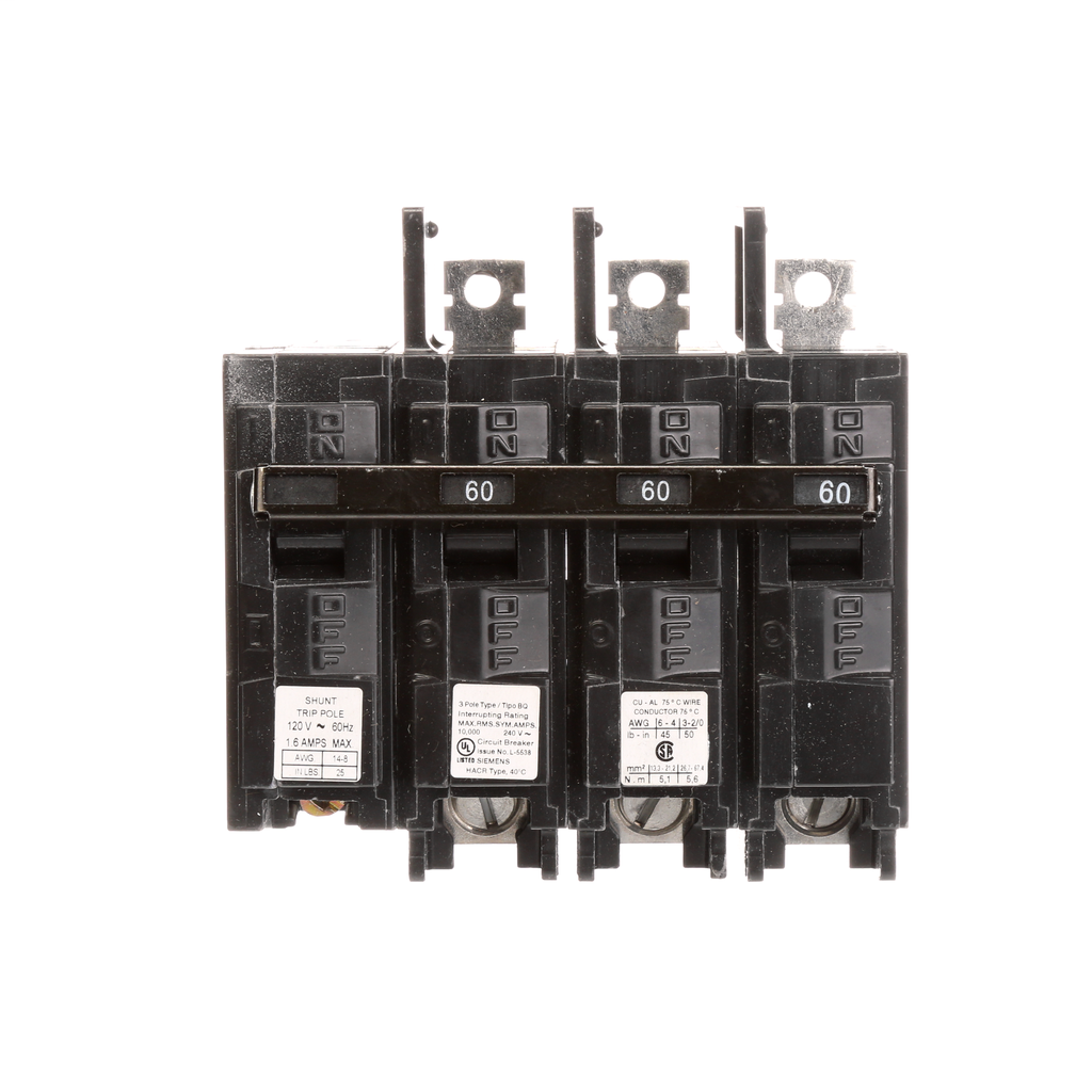Siemens Industry BQ3B06000S01 3-Pole 60 Amp 240 VAC 10 kA 120 Volt Shunt Trip Molded Case Circuit Breaker Siemens Industry BQ3B06000S01 3-Pole 60 Amp 240 VAC 10 kA 120 Volt Shunt Trip Molded Case Circuit Breaker