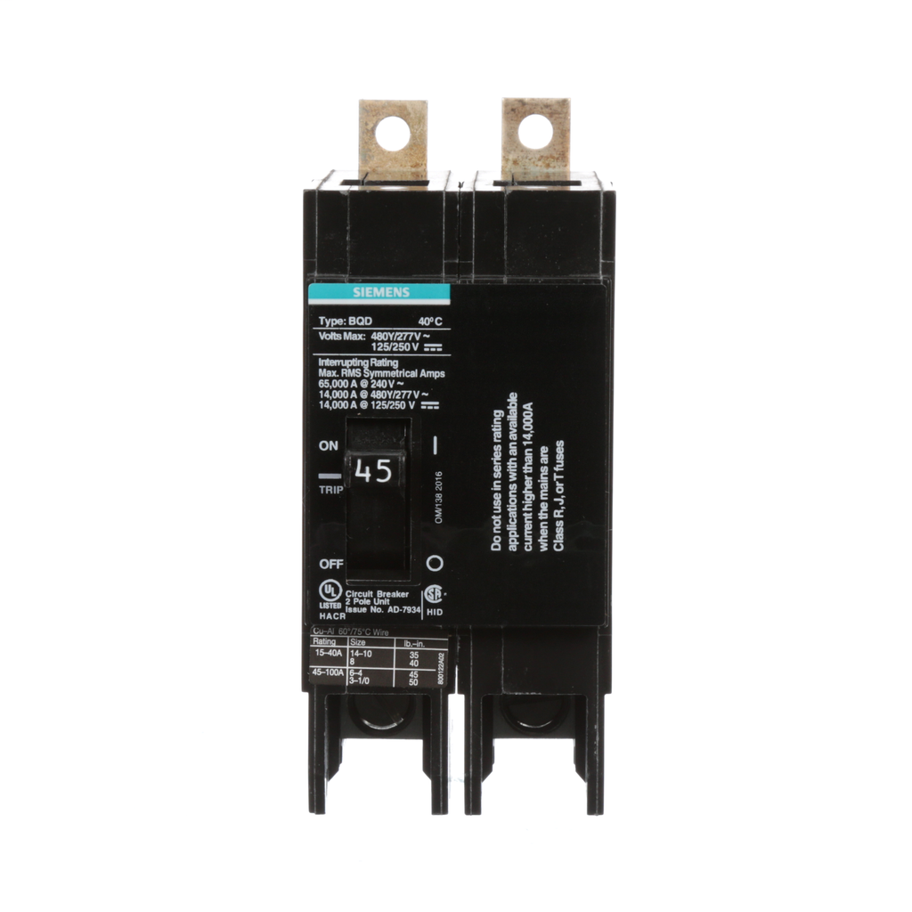 Siemens Industry BQD245 2-Pole 45 Amp 277/480 VAC Molded Case Circuit Breaker Siemens Industry BQD245 2-Pole 45 Amp 277/480 VAC Molded Case Circuit Breaker
