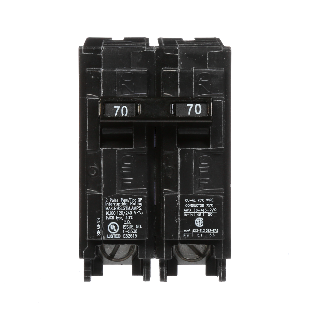 Siemens Industry Q270 2-Pole 120/240 VAC 70 Amp 10 kA Plug-In Common Trip Circuit Breaker Siemens Industry Q270 2-Pole 120/240 VAC 70 Amp 10 kA Plug-In Common Trip Circuit Breaker