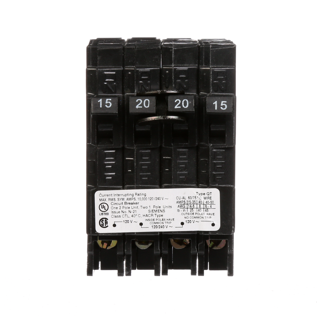 Siemens Industry Q21520CT 1/2-Pole 120/240 VAC 15/20 Amp 10 kA Plug-In Common Trip Quadplex Circuit Breaker Siemens Industry Q21520CT 1/2-Pole 120/240 VAC 15/20 Amp 10 kA Plug-In Common Trip Quadplex Circuit Breaker