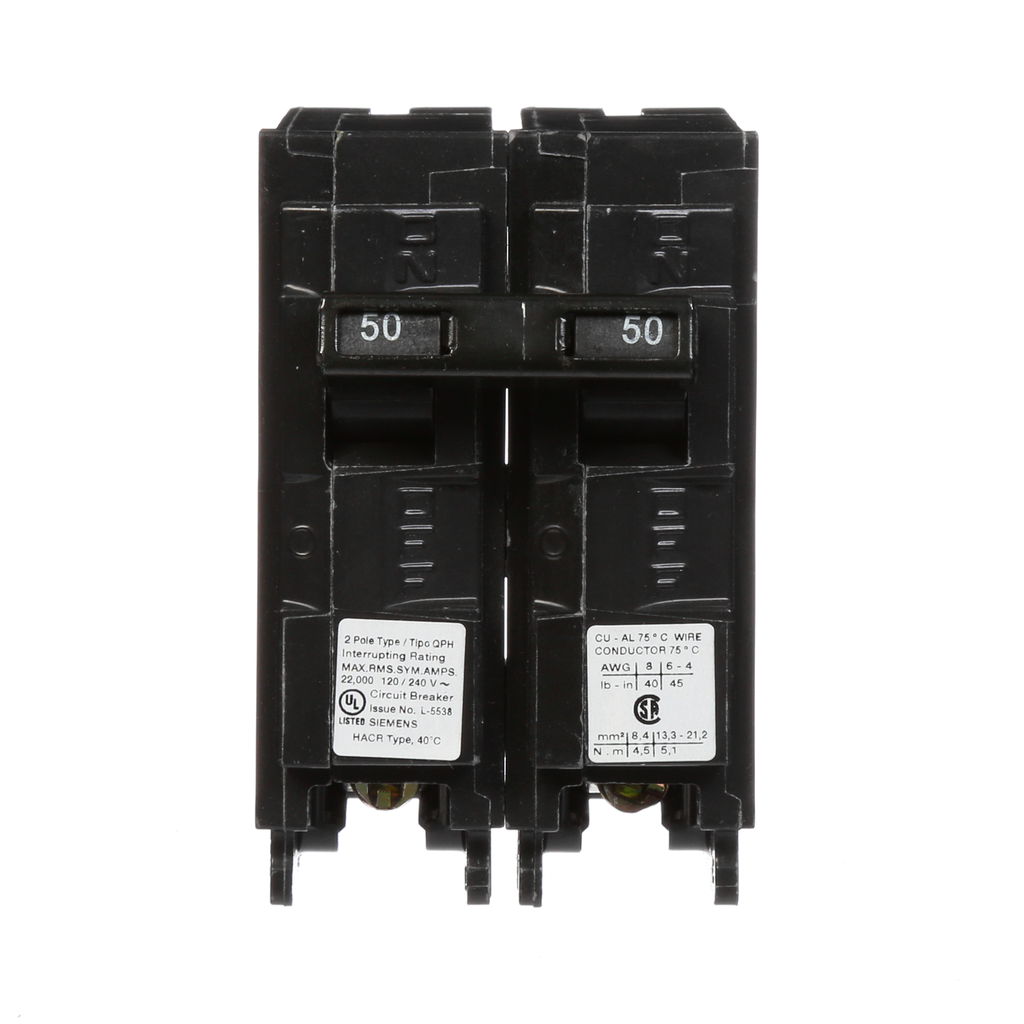 Siemens Industry Q250H 2-Pole 120/240 VAC 50 Amp 22 kA Plug-In Common Trip Circuit Breaker Siemens Industry Q250H 2-Pole 120/240 VAC 50 Amp 22 kA Plug-In Common Trip Circuit Breaker