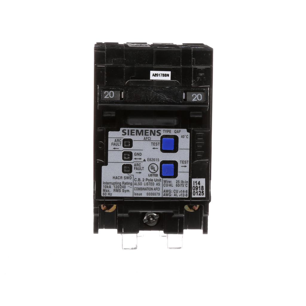 Siemens Q220AFC 2-Pole 20 Amp 120 VAC 10 kA Arc Fault Circuit Interrupter Siemens Q220AFC 2-Pole 20 Amp 120 VAC 10 kA Arc Fault Circuit Interrupter