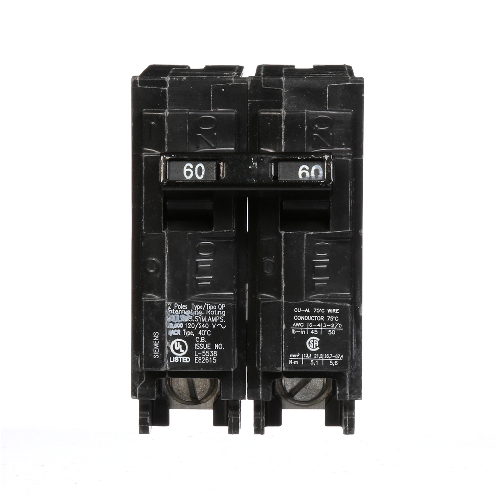 Siemens Industry Q260 2-Pole 120/240 VAC 60 Amp 10 kA Plug-In Common Trip Circuit Breaker Siemens Industry Q260 2-Pole 120/240 VAC 60 Amp 10 kA Plug-In Common Trip Circuit Breaker