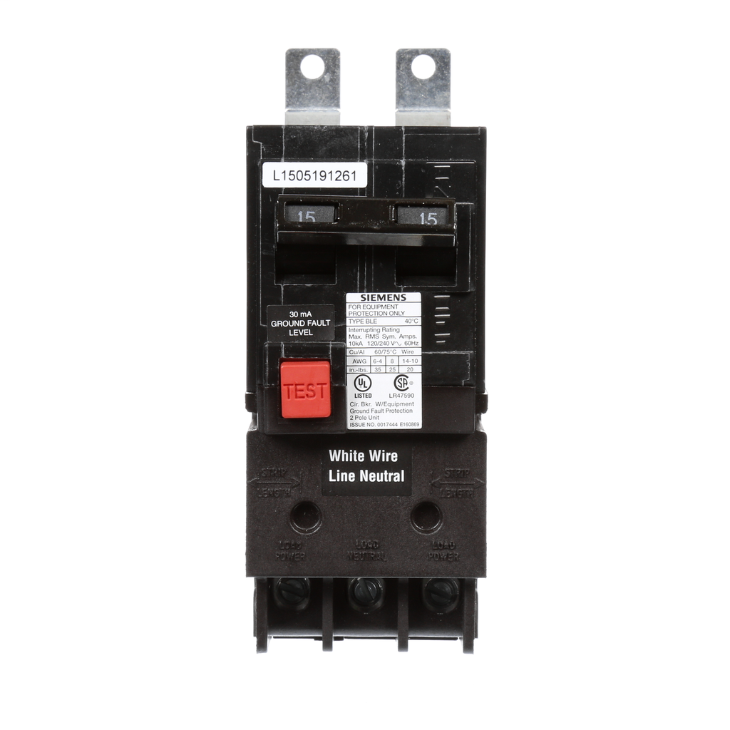 Siemens Industry BE215 2-Pole 15 Amp 120/240 VAC 10 kA Equipment Protection Bolt-On Ground Fault Circuit Breaker Siemens Industry BE215 2-Pole 15 Amp 120/240 VAC 10 kA Equipment Protection Bolt-On Ground Fault Circuit Breaker