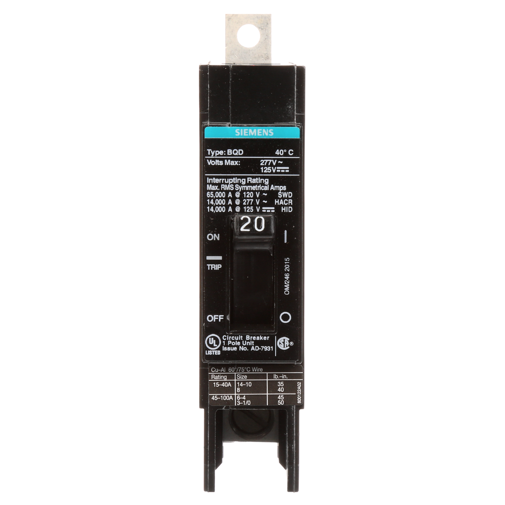 Product image for Siemens BQD120 1-Pole 20 Amp 277 VAC 14 kA Circuit Breaker