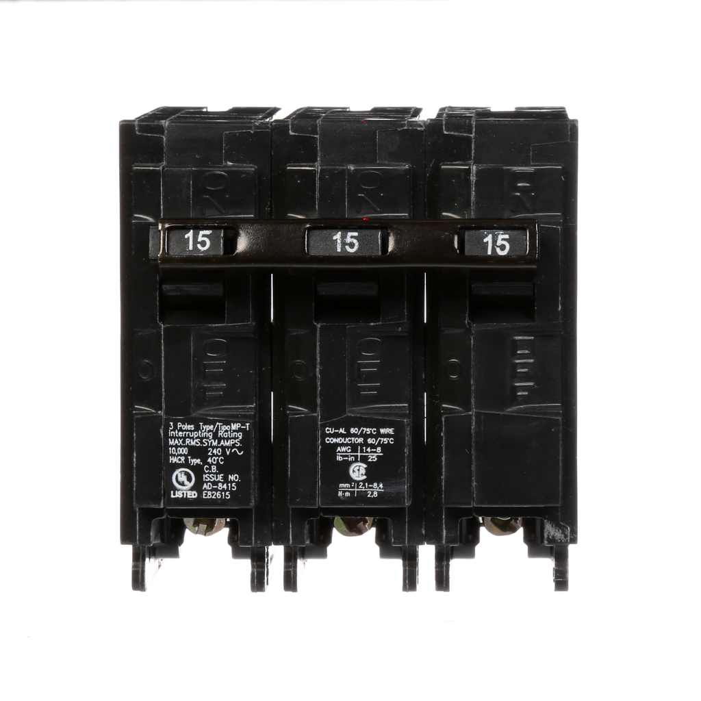 Siemens MP315 3-Pole 240 VAC 15 Amp 10 kA Plug-In Common Trip Circuit Breaker Siemens MP315 3-Pole 240 VAC 15 Amp 10 kA Plug-In Common Trip Circuit Breaker