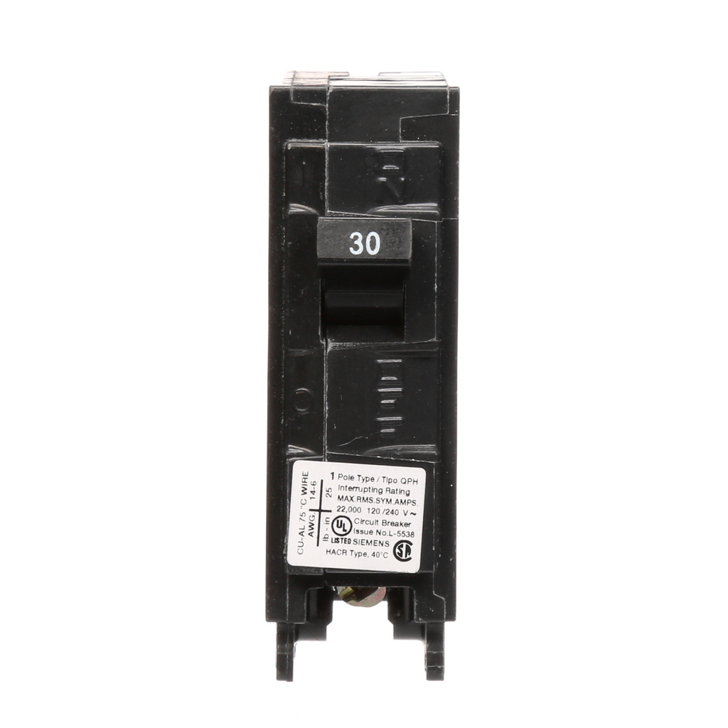 Siemens Industry Q130H 1-Pole 30 Amp 120 VAC 22 kA Plug-In Circuit Breaker Siemens Industry Q130H 1-Pole 30 Amp 120 VAC 22 kA Plug-In Circuit Breaker