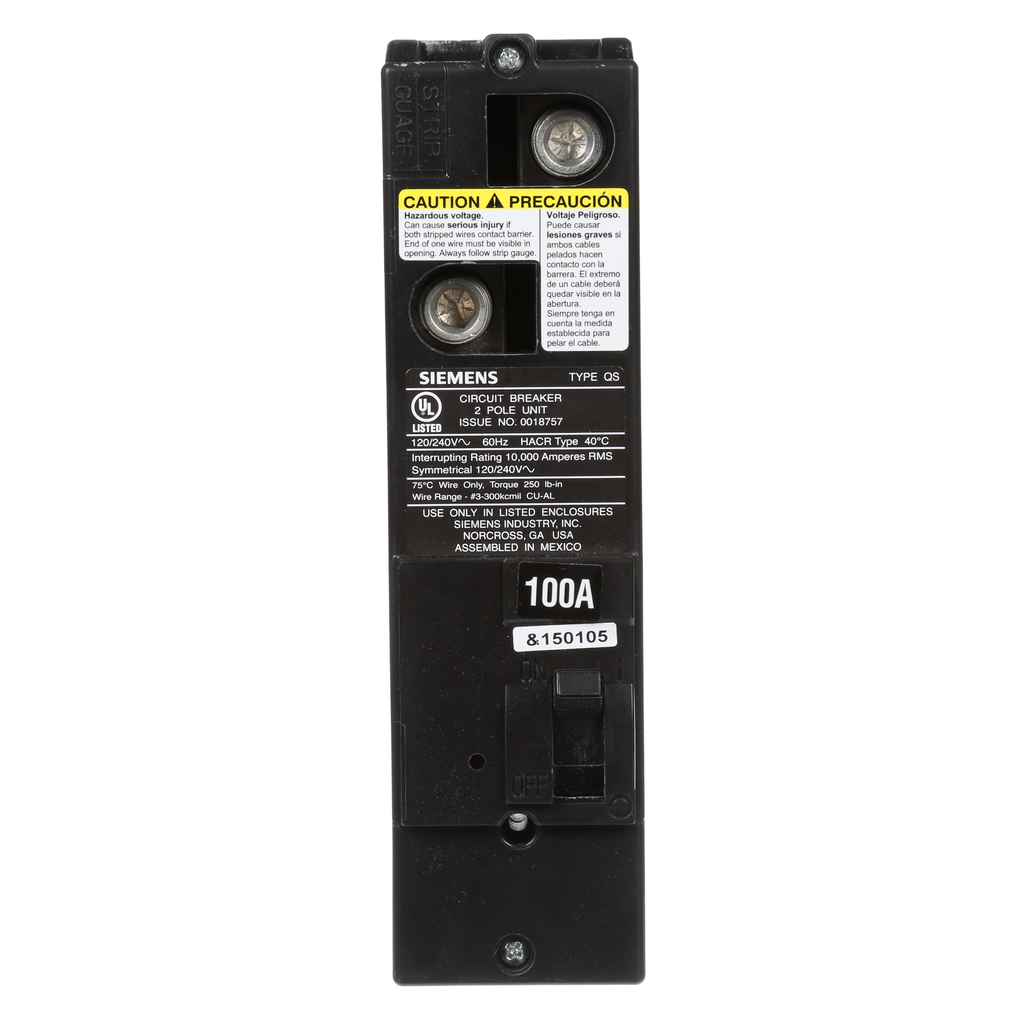 Siemens Industry QS2100 2-Pole 100 Amp 120/240 VAC 10 kA Circuit Breaker Siemens Industry QS2100 2-Pole 100 Amp 120/240 VAC 10 kA Circuit Breaker