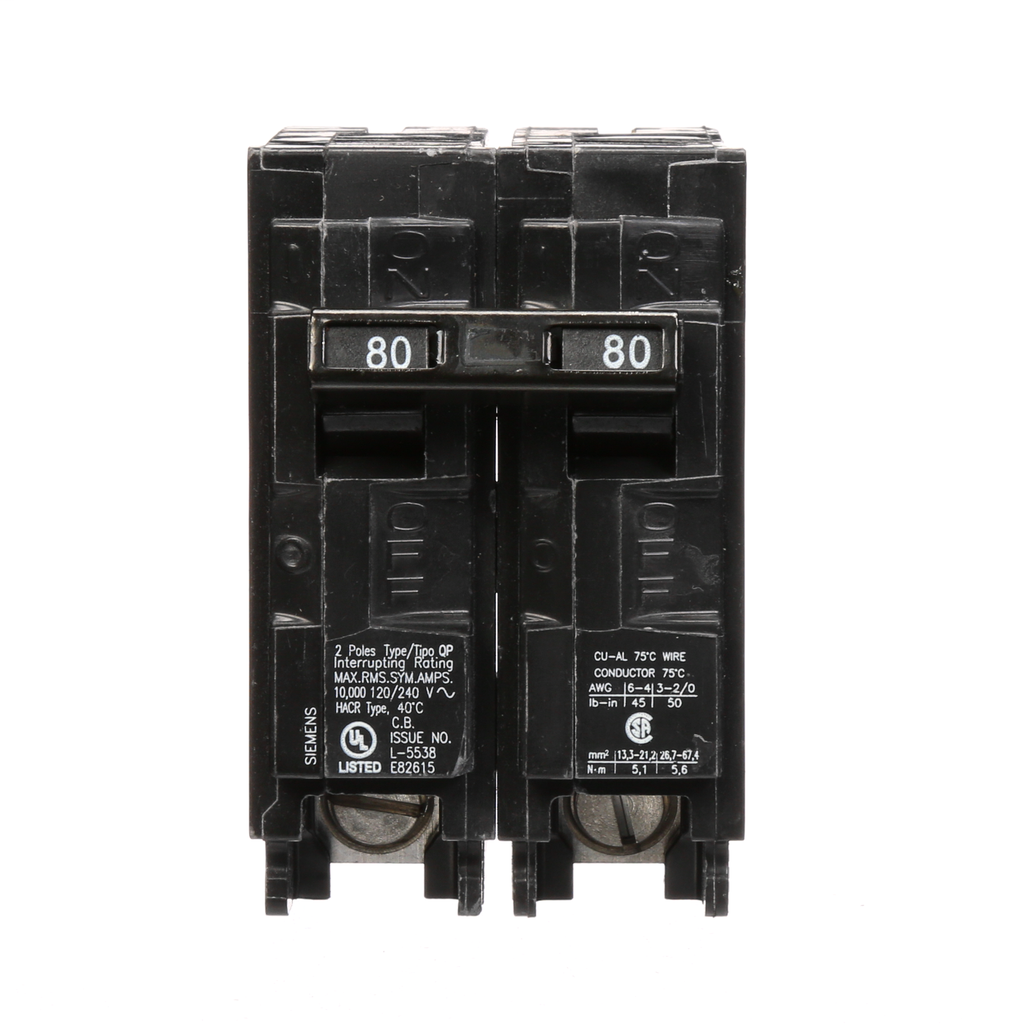 Siemens Industry Q280 2-Pole 120/240 VAC 80 Amp 10 kA Plug-In Common Trip Circuit Breaker Siemens Industry Q280 2-Pole 120/240 VAC 80 Amp 10 kA Plug-In Common Trip Circuit Breaker