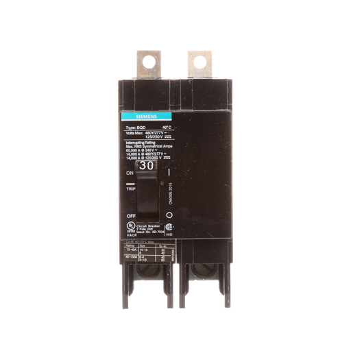 Product image for Siemens BQD230 2-Pole 30 Amp 480 VAC 14 kA Circuit Breaker