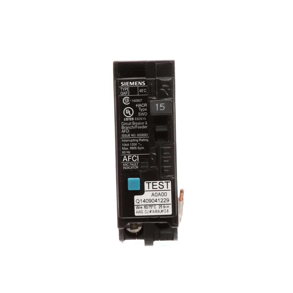 Product image for Siemens QA115AF 1-Pole 15 Amp 120 VAC 10 kA Plug-On Branch Feeder Arc Fault Circuit Breaker