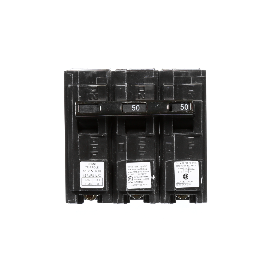 Siemens Industry Q25000S01 2-Pole 50 Amp 120/240 VAC 10 kA 120 Volt Shunt Trip Molded Case Circuit Breaker Siemens Industry Q25000S01 2-Pole 50 Amp 120/240 VAC 10 kA 120 Volt Shunt Trip Molded Case Circuit Breaker