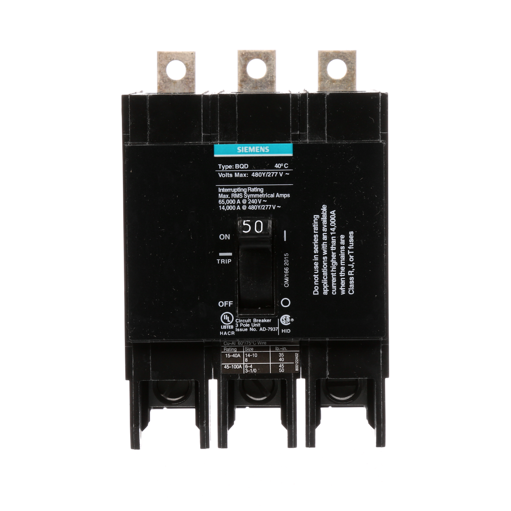Siemens BQD BQD350 3 Pole 50 Amp 480v Circuit Breaker