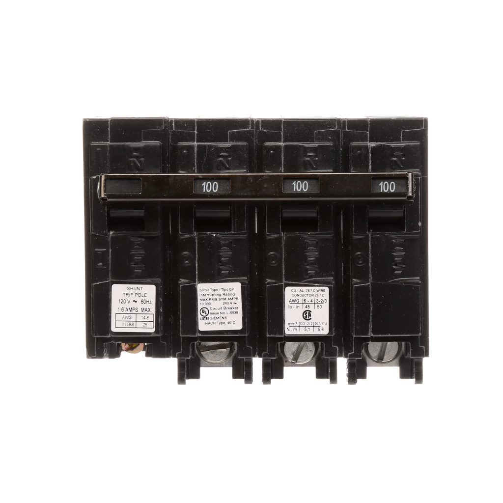 Siemens Industry Q310000S01 240 Volt 100 Amp 10 kaic 3-Pole Type QP Circuit Breaker with 120 Volt Shunt Siemens Industry Q310000S01 240 Volt 100 Amp 10 kaic 3-Pole Type QP Circuit Breaker with 120 Volt Shunt