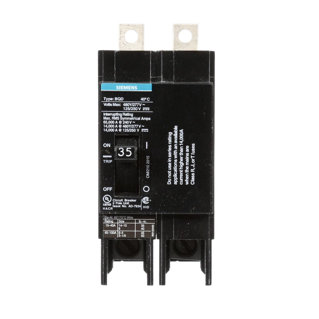 Siemens Industry BQD235 2-Pole 35 Amp 480 VAC 14 kA Molded Case Circuit Breaker Siemens Industry BQD235 2-Pole 35 Amp 480 VAC 14 kA Molded Case Circuit Breaker