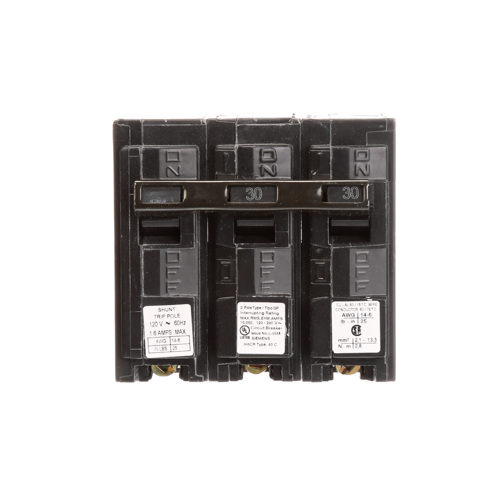 Product image for Siemens Q23000S01 2-Pole 30 Amp 120/240 VAC 10 kA 120 Volt Shunt Trip Circuit Breaker