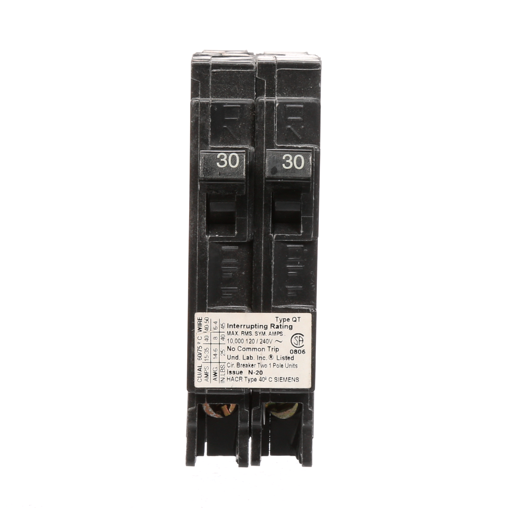 Siemens Industry Q3030NC 1-Pole 30 Amp 120 VAC 10 kA Non-Common Trip Duplex Circuit Breaker Siemens Industry Q3030NC 1-Pole 30 Amp 120 VAC 10 kA Non-Common Trip Duplex Circuit Breaker