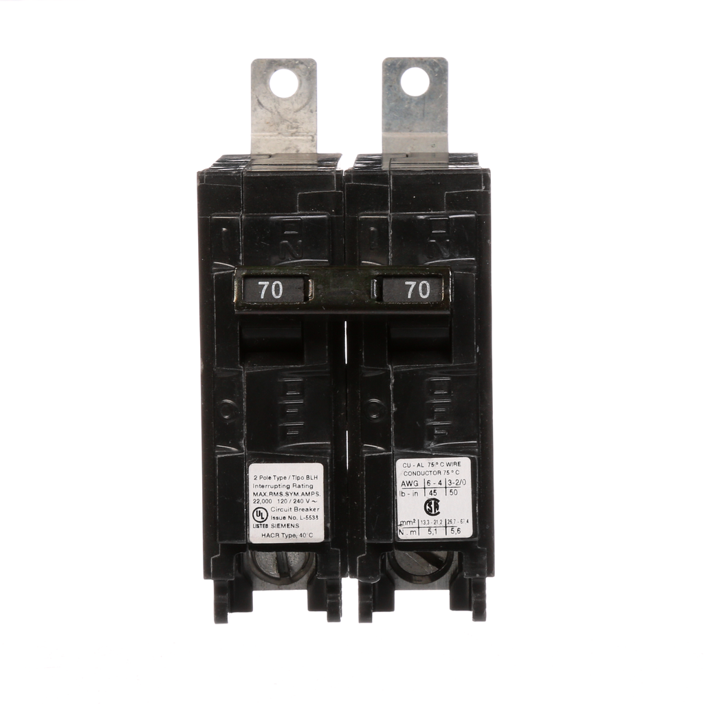 Siemens Industry B270H 2-Pole 70 Amp 120/240 VAC 22 kA Bolt-On Molded Case Circuit Breaker Siemens Industry B270H 2-Pole 70 Amp 120/240 VAC 22 kA Bolt-On Molded Case Circuit Breaker