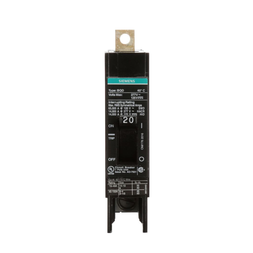 Product image for Siemens BQD120BP BREAKER BQD 1P 20A 277