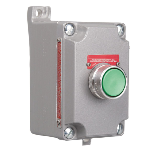XCS SERIES - ALUMINUM DEAD-END MOMENTARY CONTACT SINGLE PUSH BUTTONCONTROL STATION - RED BUTTON WITH "STOP" NAMEPLATE - HUB SIZE 3/4 INCH -1NCCONTACT RATING
