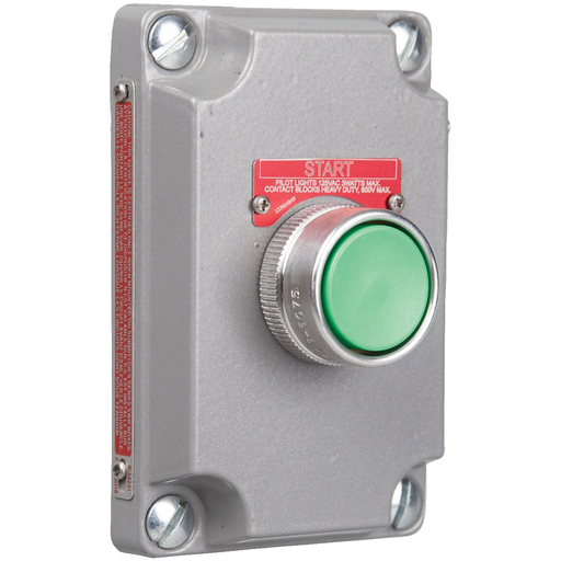 XCS SERIES - ALUMINUM MOMENTARY CONTACT SINGLE PUSH BUTTON COVER WITHDEVICE - GREEN BUTTON WITH "START" NAMEPLATE - 1NO CONTACT RATING