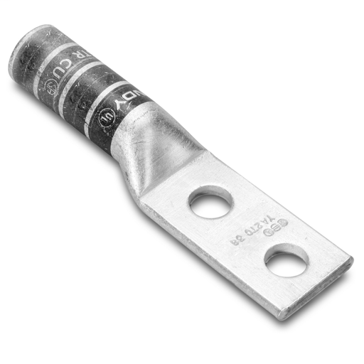 2 AWG CU, Two Hole, 1/4 Stud Size, 3/4 Hole Spacing, Long Barrel Internal Chamfer, Tin Plated, UL/CSA, 90°C, Up to 35kV, Brown Color Code, 10 Die Index.