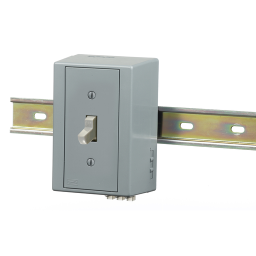 DIN Rail Utility Box, Complete Unit- Single Pole Switch, DIN Rail Box, Single Pole, 20A Toggle Gray.