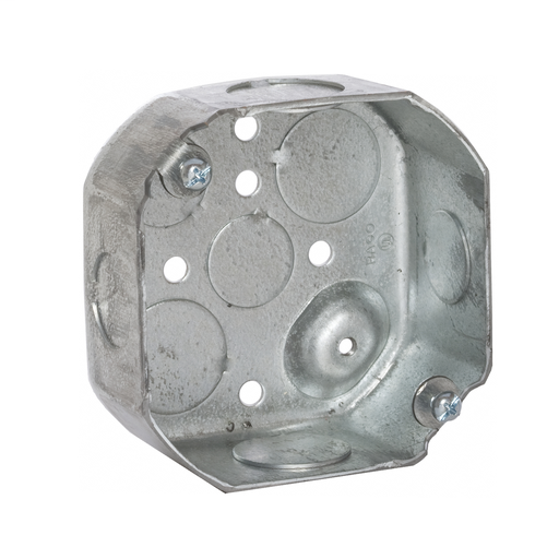 4 in. Octagon Box, Drawn, 1-1/2 in. Deep, Four 1/2 & Four 3/4 in. KO's, Raised Ground