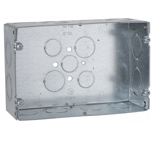 2-Gang Box, Welded, 2-1/2 in. Deep, Eight 3/4 & 1 in. Concentric KO's, Three 1/2 in. KO's, and Six 3/4 in. KO's