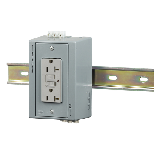 DIN Rail Utility Box, Complete Unit- GFCI, with Aux Contact, DIN Rail Box, 20A GFCI, Gray.