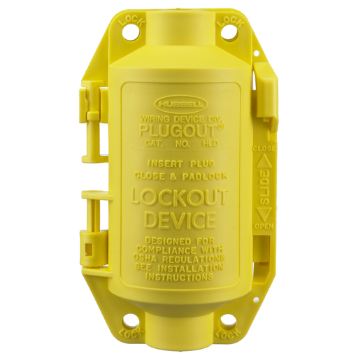 Twist-Lock® Devices, Accessories, PLUGOUT® Lockout device for attachable 20 and 30A plugs, straight body or angle types, with or without weatherproof covers, Yellow