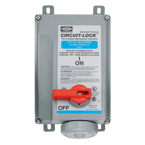 Heavy Duty Products, IEC Pin and Sleeve Devices, Industrial Grade, Female, Mechanically Interlocked Receptacle, 20A 3-Phase Delta 250V AC, 3-Pole 4-Wire Grounding, Terminal Screws