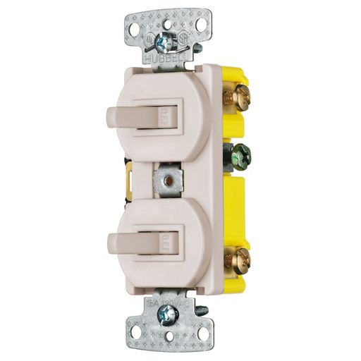 Switches and Lighting Controls, Combination Devices, Residential Grade, 2) Single Pole Toggles, 15A 120V AC, Self Grounding, Side Wired, Light Almond