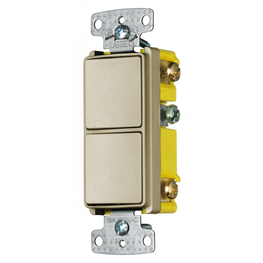 Switches and Lighting Controls, Combination Devices, Residential Grade, Decorator Series, 2) Single Pole Rockers, 15A 120V AC, Side Wired, Ivory