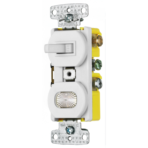Switches and Lighting Controls, Combination Devices, Residential Grade, 1) Three Way Toggle, 1) Pilot Light, 15A 120V AC, Self Grounding, Side Wired, White