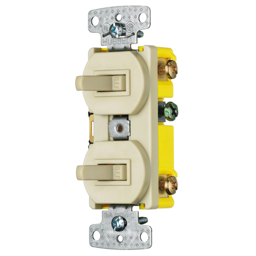 Switches and Lighting Controls, Combination Devices, Residential Grade, 1) Single Pole Toggle, 1) Three Way Toggle, 15A 120V AC, Self fGrounding, Side Wired, Ivory