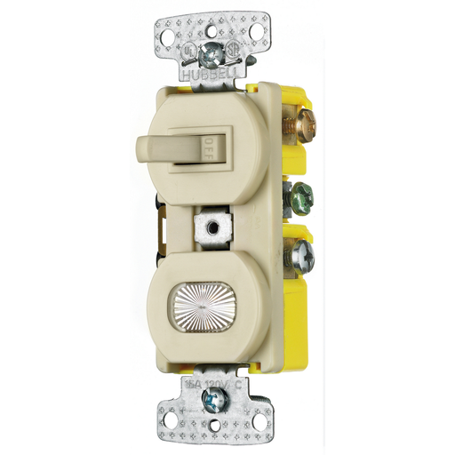 Switches and Lighting Controls, Combination Devices, Residential Grade, 1) Three Way Toggle, 1) Pilot Light, 15A 120V AC, Self Grounding, Side Wired, Ivory