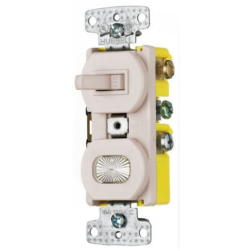 Switches and Lighting Controls, Combination Devices, Residential Grade, 1) Single Pole Toggle, 1) Pilot Light, 15A 120V AC, Self Grounding, Side Wired, Light Almond