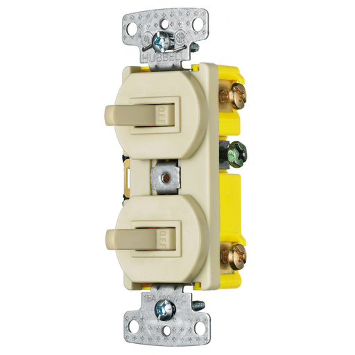 Switches and Lighting Controls, Combination Devices, Residential Grade, 2) Three Way Toggles, 15A 120V AC, Self Grounding, Side Wired, Ivory