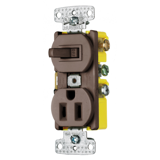 Switches and Lighting Controls, Combination Devices, Residential Grade, 1) Three Way Toggle, 1) Single Receptacle, 15A 120V AC, Self Grounding , Side Wired, Brown